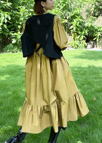 Khaki Patchwork Button Fall Maxi Dress Long Sleeve