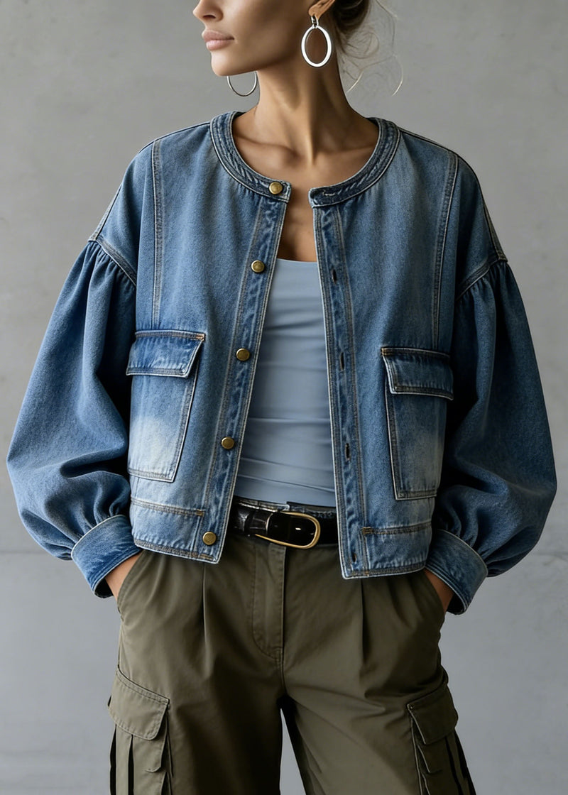 Blue O Neck Pockets Patchwork Denim Coat Spring