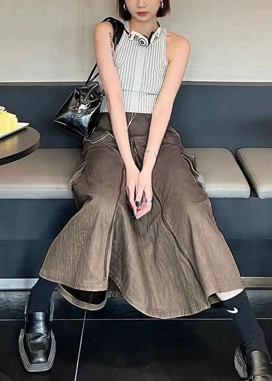 Chocolate Zip Up Pockets Silk a Line Skirt Fall