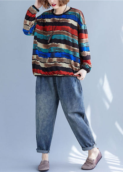 Simple Multicolour Striped O-neck Oversized Cotton Sweatshirts Tracksuits Spring