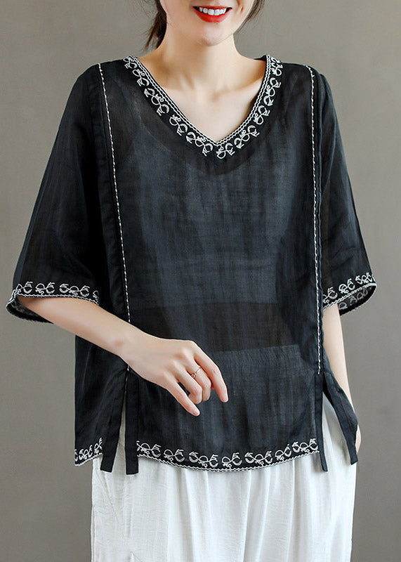 Stylish Purple V Neck Embroideried Linen T Shirt Half Sleeve