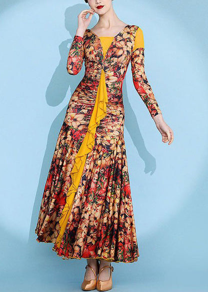 Yellow Wrinkled Print Patchwork Cotton Long Dress Spring