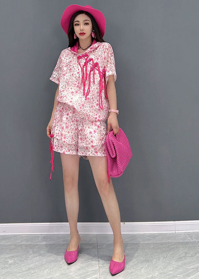 Pink Hooded Print Oriental Button Cotton Tanks and Shorts Two Piece Suit Set Summer