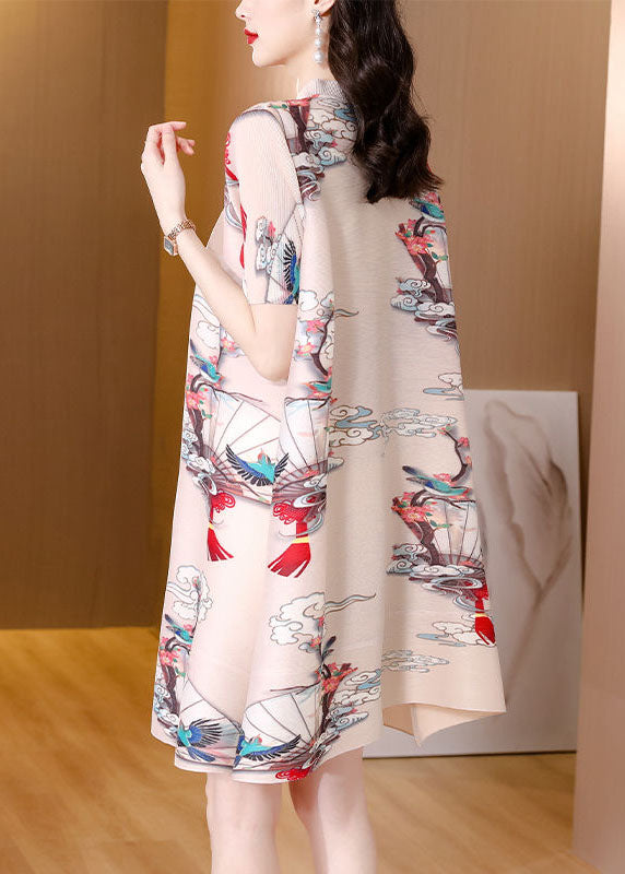 Original Design Apricot Mandarin Collar Print Oriental Button Wrinkled Silk a Line Dresses Short Sleeve