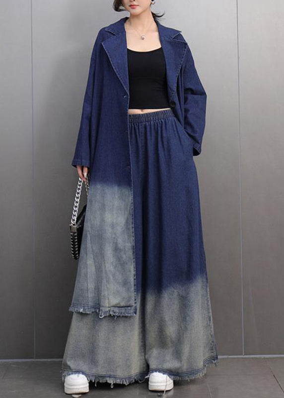 Gradient Color Denim Blue Long Coats and Wide Leg Pants Two Piece Set Spring