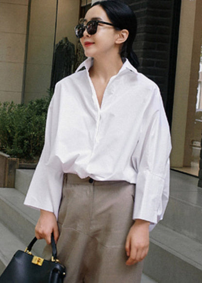 White Peter Pan Collar Button Cotton Shirts Batwing Sleeve