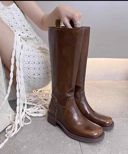 Brown High Boots Chunky Heel Faux Leather Splicing