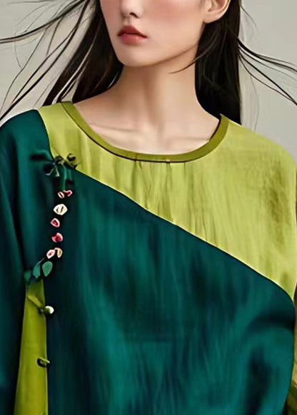 Green O-neck Patchwork Bow Shirt Flare Sleeve