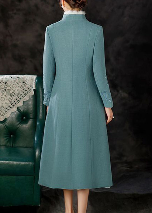 Blue Fur Collar Button Patchwork Cotton Long Coats Winter