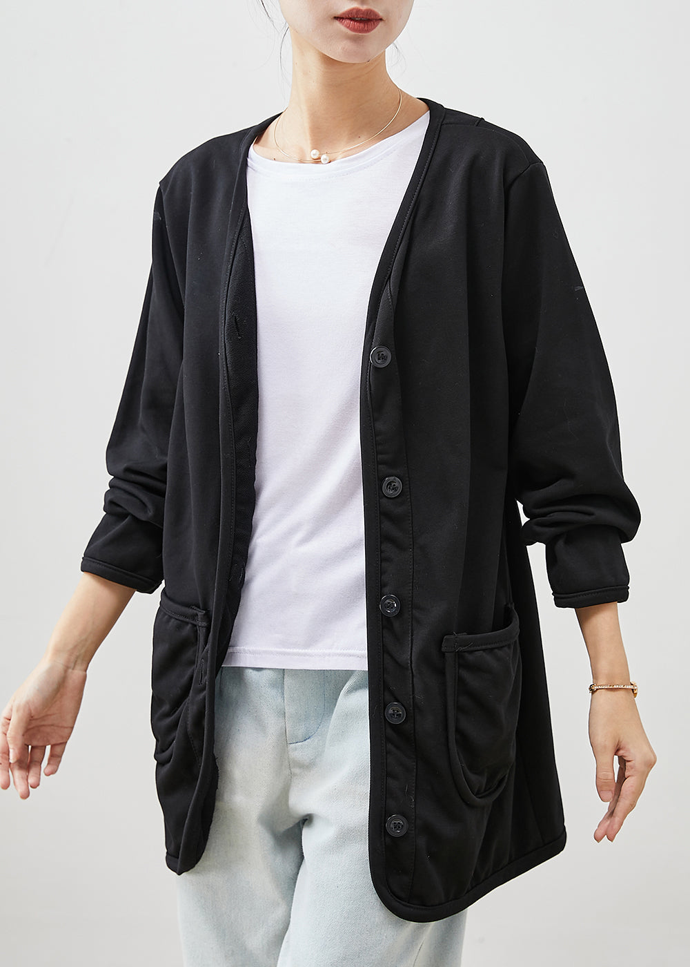 Black V Neck Pockets Cotton Coats Spring