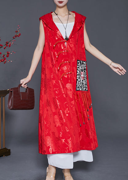 Red Jacquard Tasseled Silk Long Vest Fall
