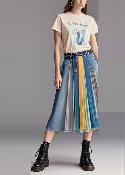 Blue Patchwork Wrinkled Denim Skirts Fall