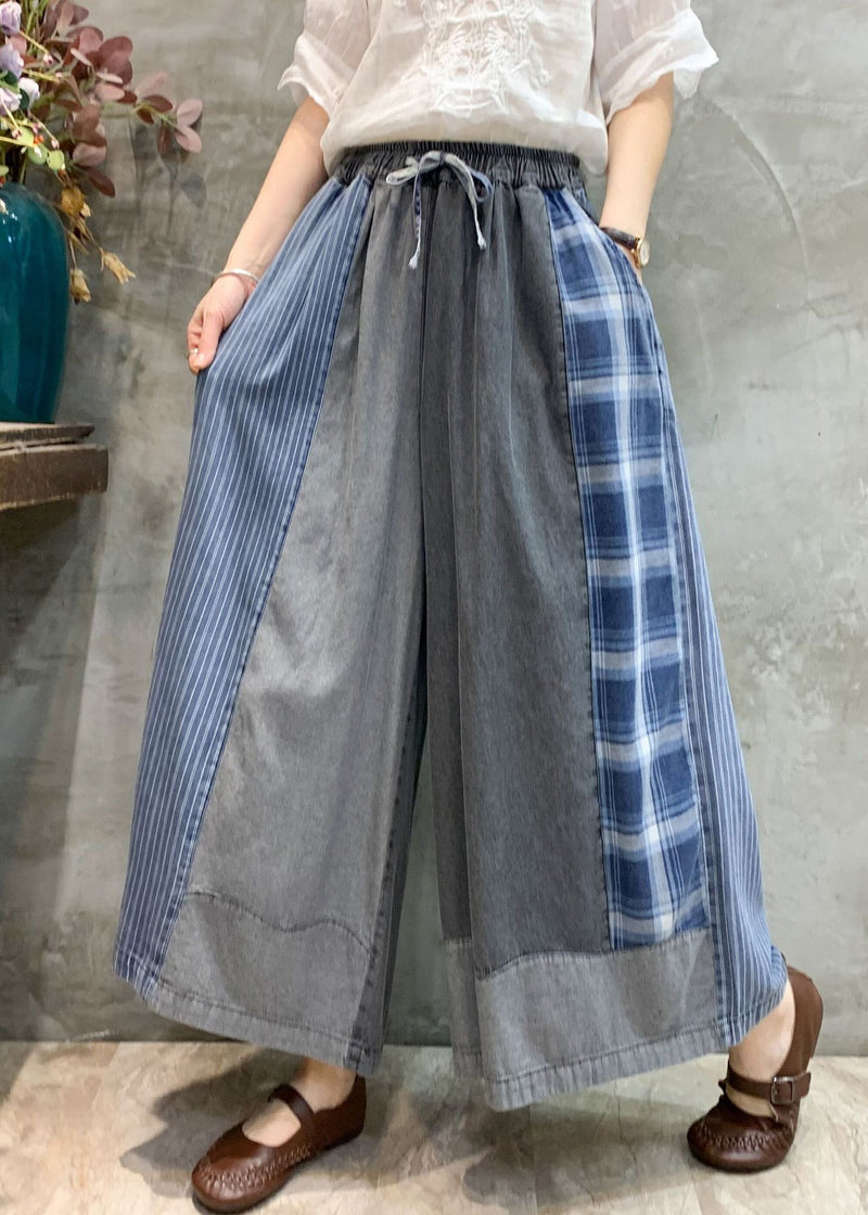 Grey Pockets Patchwork Denim Wide Leg Pants Fall