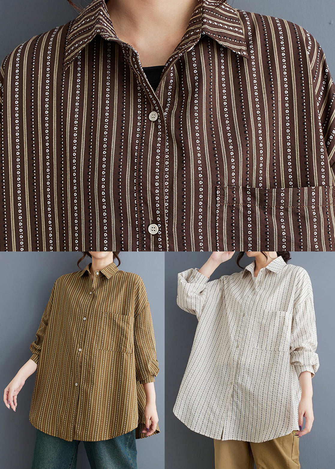 White Peter Pan Collar Striped Loose Cotton Shirt Spring
