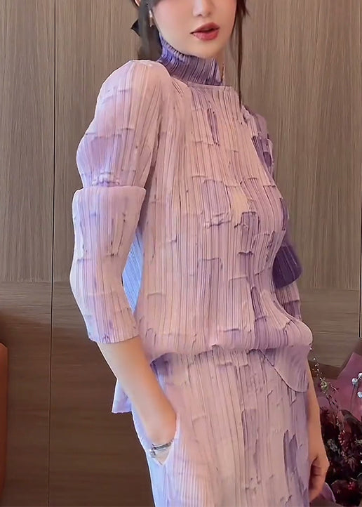 French Purple Stand Collar Button Pockets Cotton Two Piece Set Spring