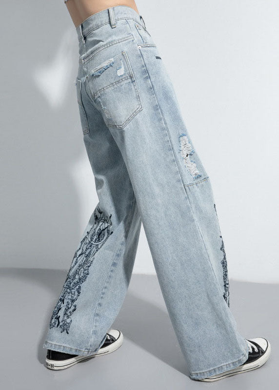 Natural Blue Hole Embroideried Pockets Wide Leg Pants Spring