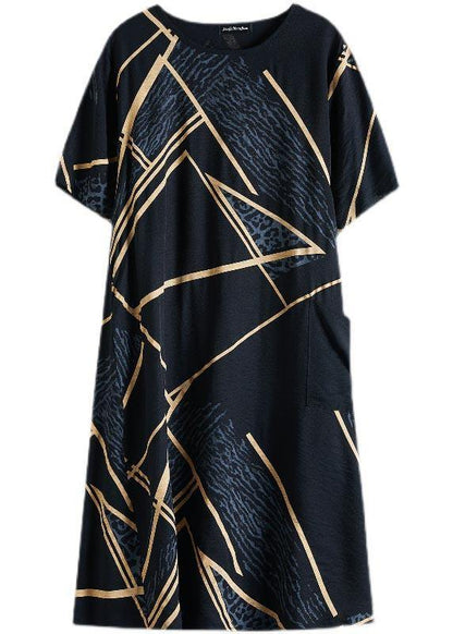 French Black Print Half Sleeve Maxi Summer Cotton Linen Dress