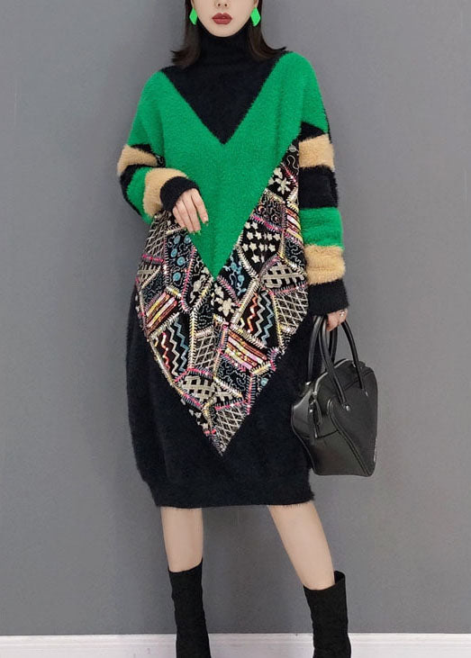 Classy Black Turtle Neck Print Thick Mink Velvet Dresses Spring