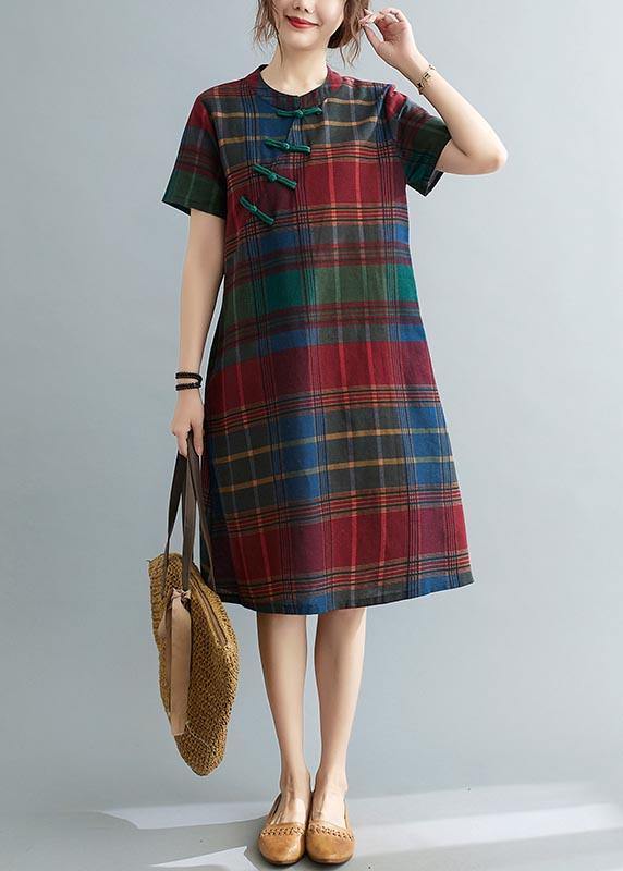 Fitted Plaid Oriental Cotton Linen Summer Dress