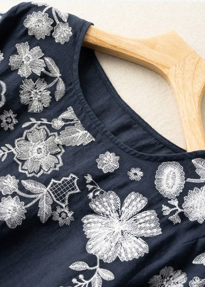 Boutique Navy O-neck Embroideried Cotton Shirt Short Sleeve
