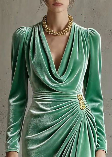 Natural Green Turtle Neck Wrinkled Silk Velvet Party Dress Spring