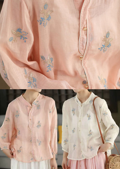 Pink Embroidered Oversized Linen Shirt Spring