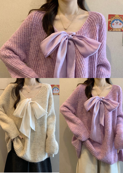 Lavender Oversized Bow Knit Cozy Sweaters Winter