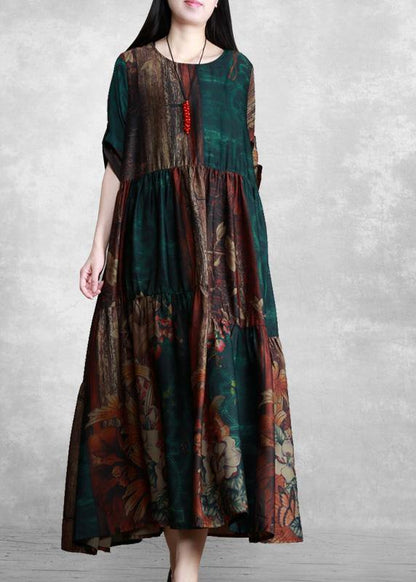 Luxy Green Print Silk Summer Dresses Loose Caftan