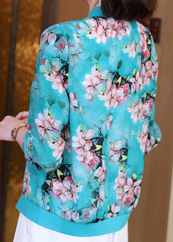 Diy Blue V Neck Zippered Print Patchwork Silk Jacket Summer