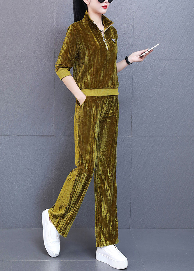 Unique Yellow Stand Collar Silk Velour Coats and Wide Leg Pants Two Piece Set Fall