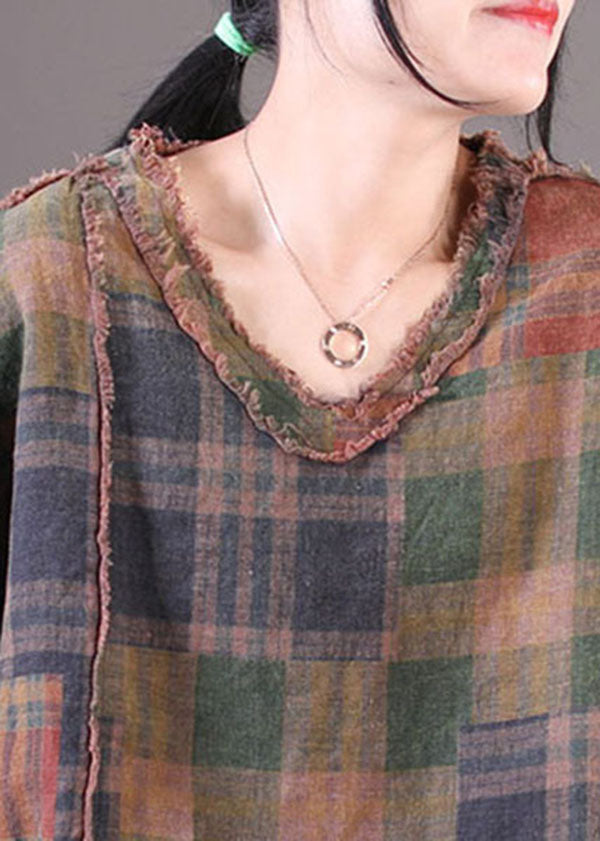 Chocolate V Neck Patchwork Plaid Cotton Linen Tops Short Sleeve