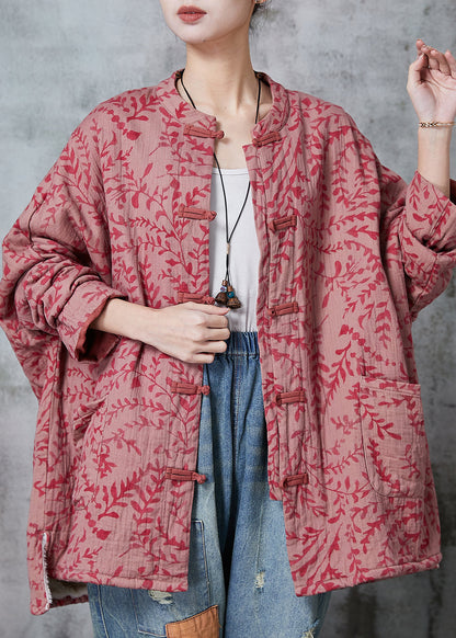 Red Oversized Print Cotton Coat Outwear Fall