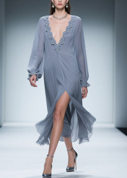 Blue Lace Side Open Chiffon Dress V Neck Butterfly Sleeve Spring