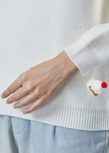 Modern White Fuzzy Ball Decorated Thick Knit Sweaters Winter