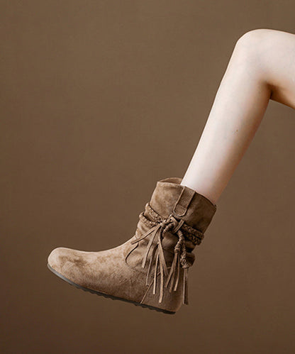 Khaki Tassel Wrinkled Splicing Suede Boots