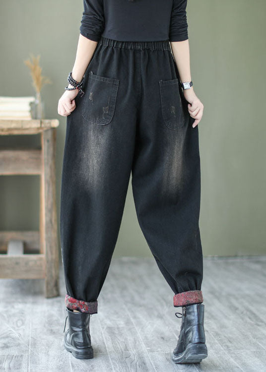 Natural Black Button Denim Harem Pants Spring