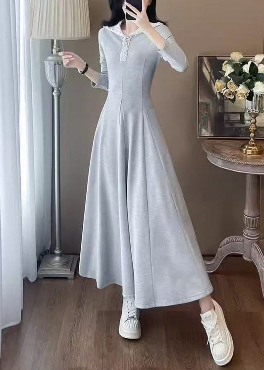 Grey Hooded Patchwork Cotton Long Dress Spring