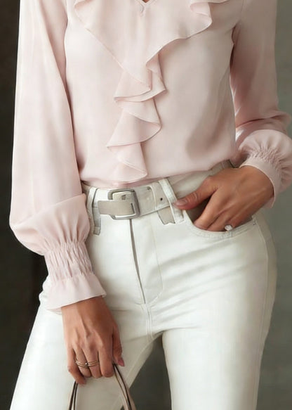 Light Pink Ruffled Patchwork Silk Shirt Lantern Sleeve