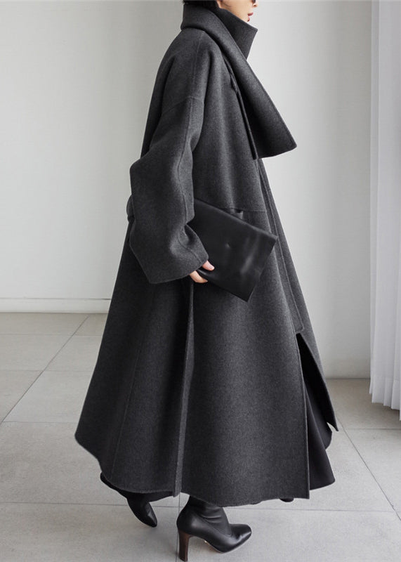Art Grey Notched Pockets Woolen Coats Long Sleeve