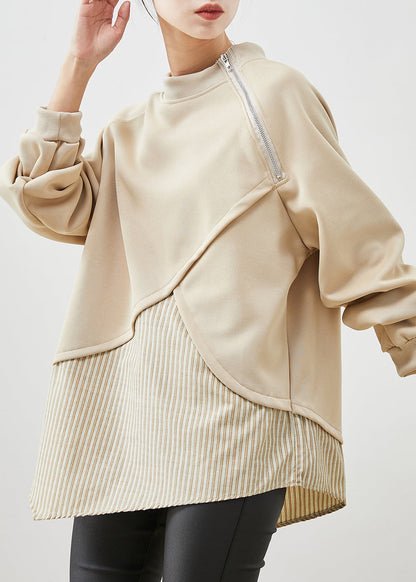 Khaki Asymmetrical Patchwork Cotton Sweatshirts Top Spring