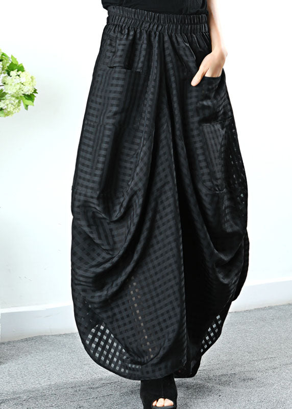 Simple Black Pockets Plaid Wide Half Skirt Spring