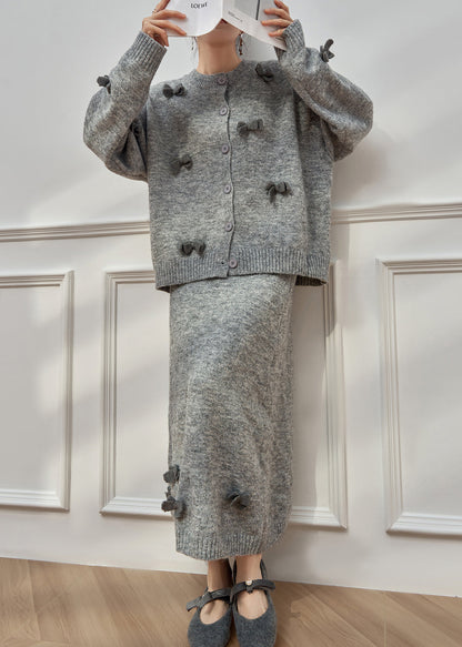 Grey O Neck Bow Button Knit Two-piece Set Winter
