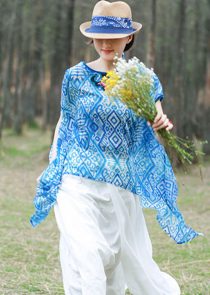 Blue Asymmetrical Design O-neck Embroideried Print Tops Spring
