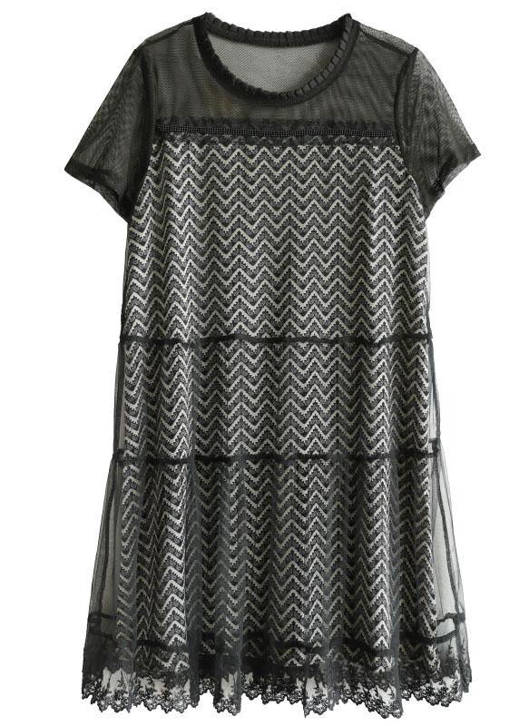 Black O-neck Tulle Patchwork Summer Long Dresses Short Sleeve