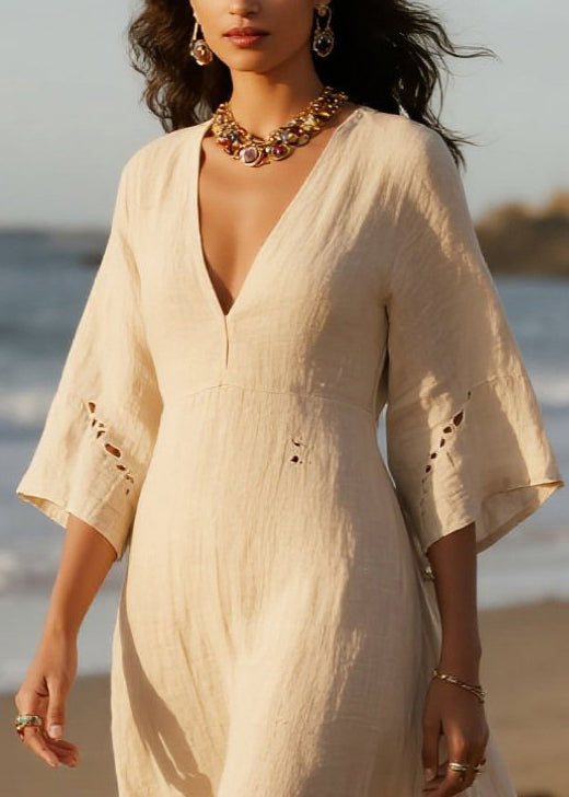 White V Neck Hollow Out Cotton Holiday Dress Summer