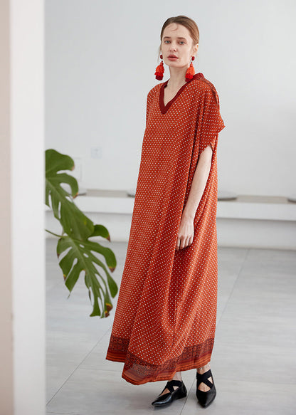 Orange V Neck Print Chiffon Vacation Robe Dresses Summer