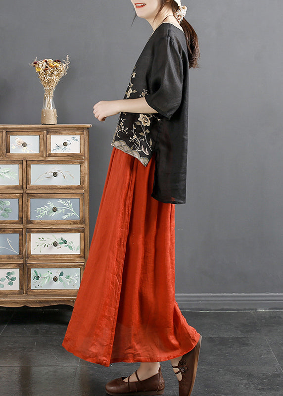 Loose Black Embroideried Low High Design Linen Top Summer