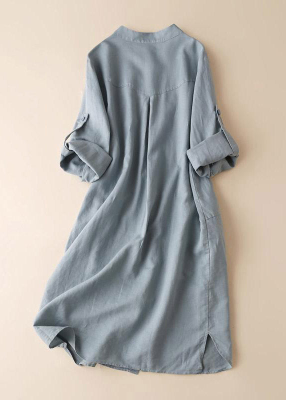 Blue Stand Collar Button Side Open Shirt Dresses Long Sleeve
