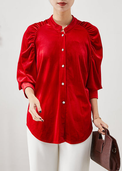 Red Oversized Silk Velour Tops Stand Collar Wrinkled Fall