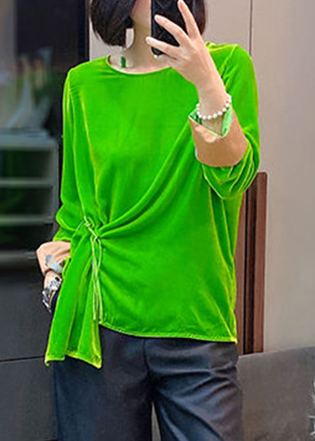 Green O-neck Cinched Velour Tops Long Sleeve